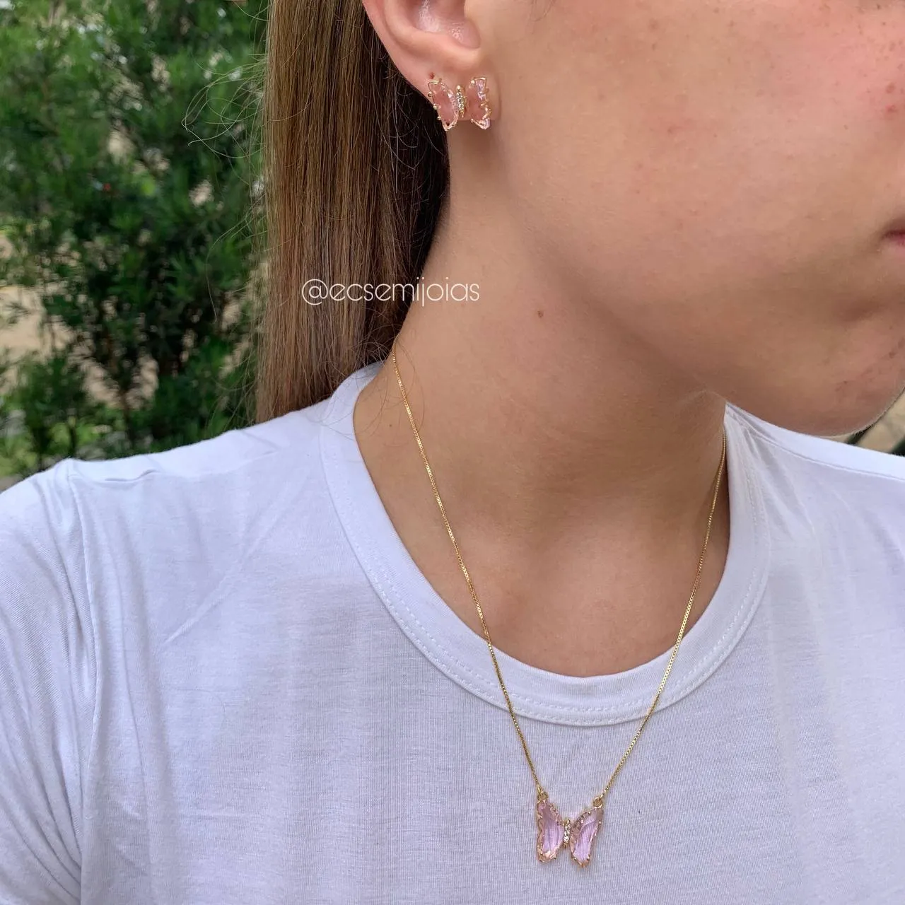 Conjunto de brinco e colar de borboleta - 45 cm - banhado a ouro 18k