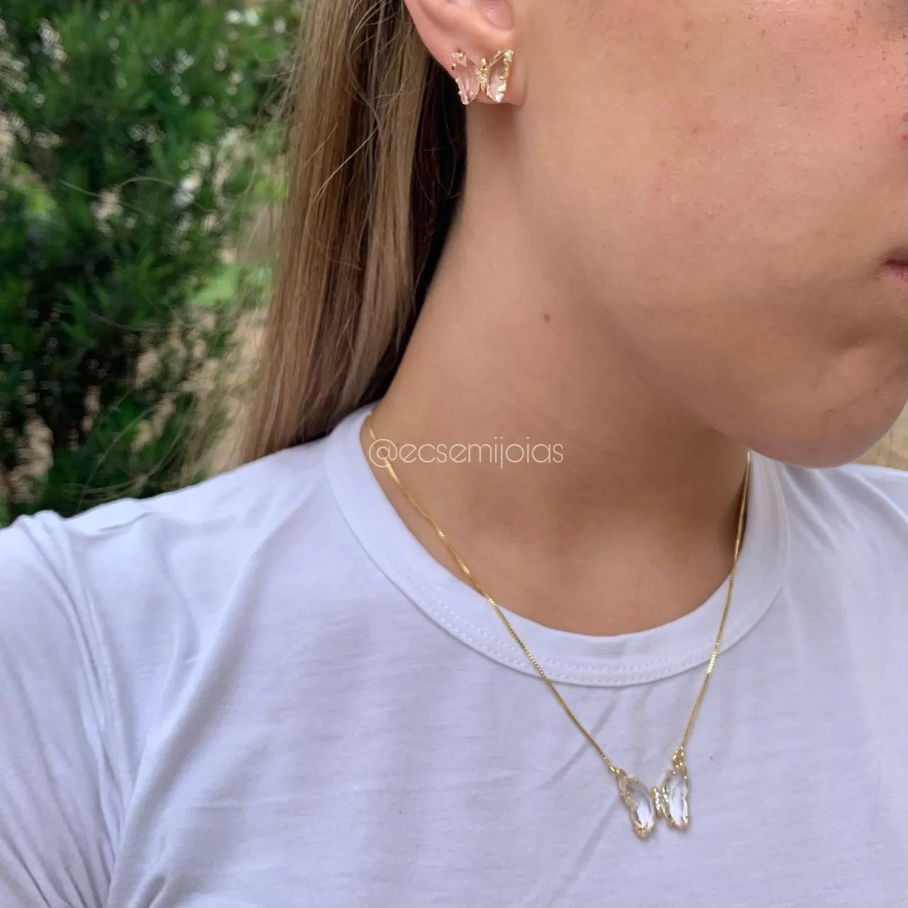 Conjunto de brinco e colar de borboleta - 45 cm - banhado a ouro 18k