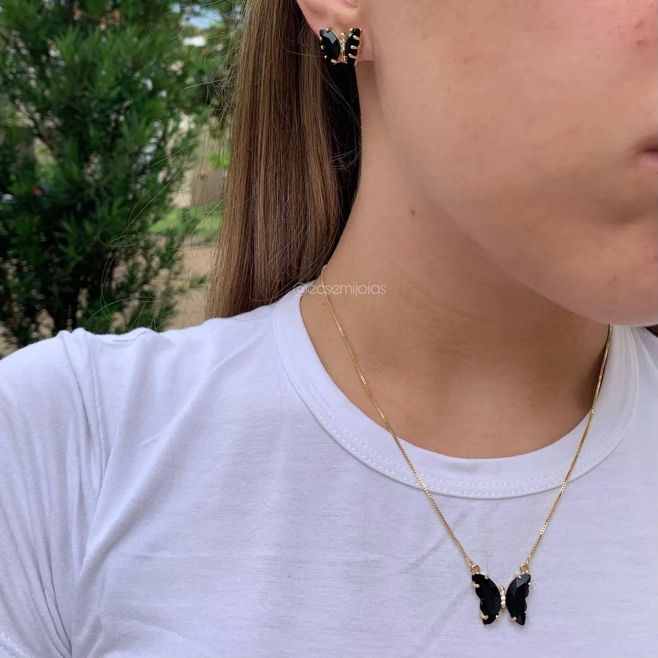 Conjunto de brinco e colar de borboleta - 45 cm - banhado a ouro 18k