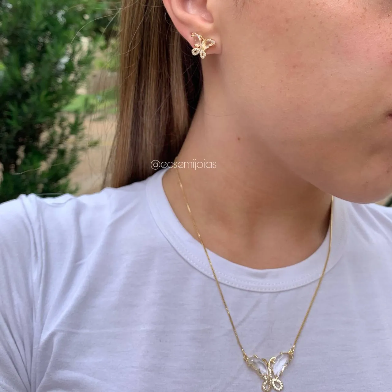 Conjunto de brinco e colar de borboleta - 45 cm - banhado a ouro 18k