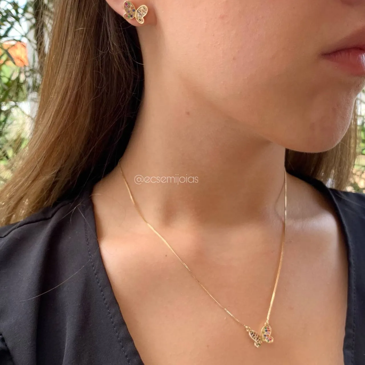 Conjunto de brinco e colar de borboleta - 45 cm - banhado a ouro 18k