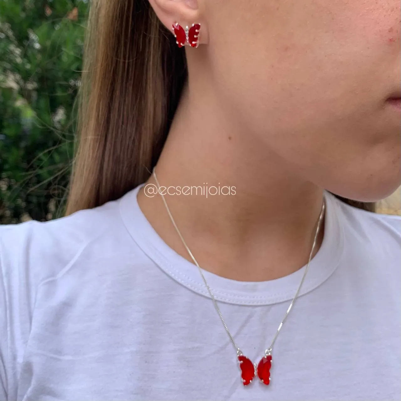 Conjunto de brinco e colar de borboleta - 45 cm - banhado a prata 925