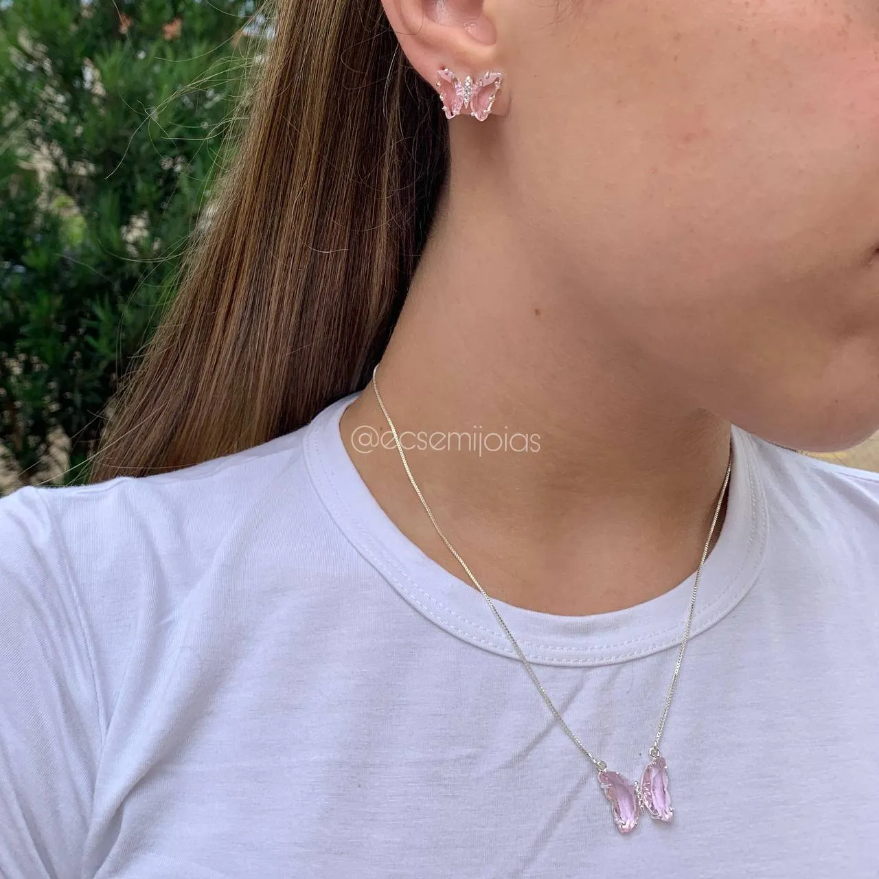 Conjunto de brinco e colar de borboleta - 45 cm - banhado a prata 925