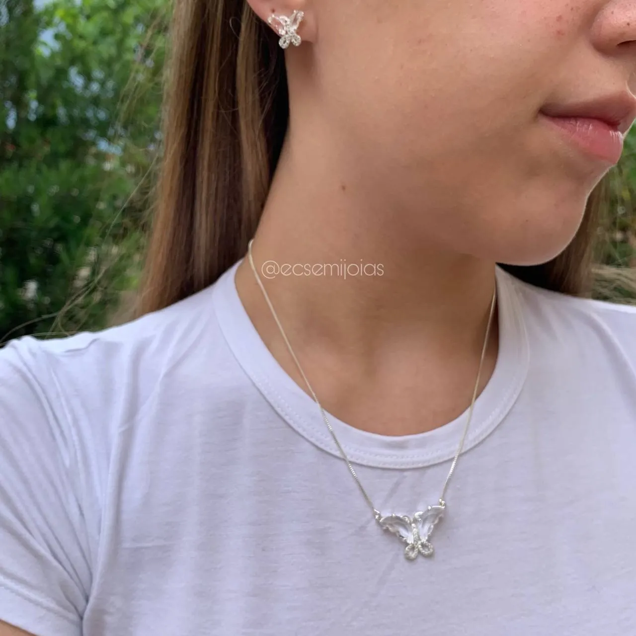 Conjunto de brinco e colar de borboleta - 45 cm - banhado a prata 925