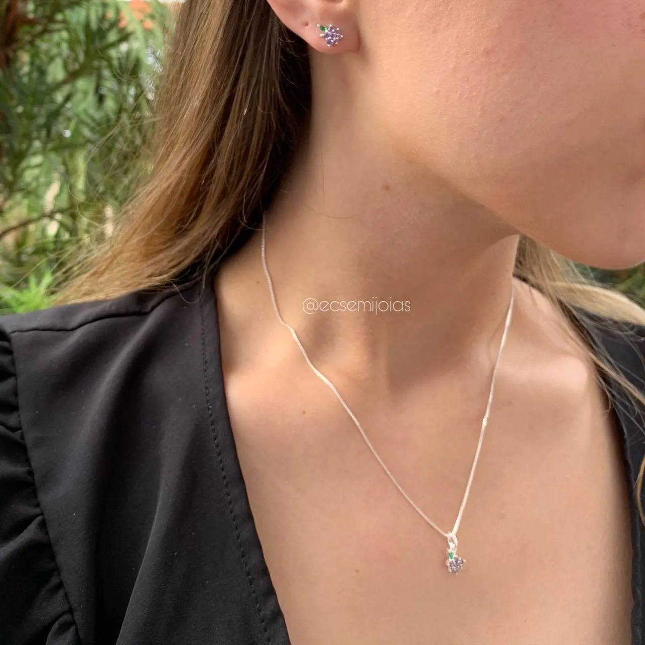 Conjunto de cacho de uva - 45 cm - banhado a prata 925