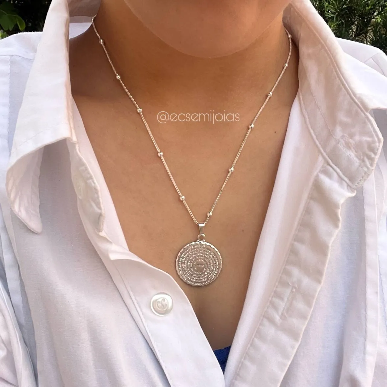 Colar bolinhas espaçada com medalha pai nosso - banhado a prata 925