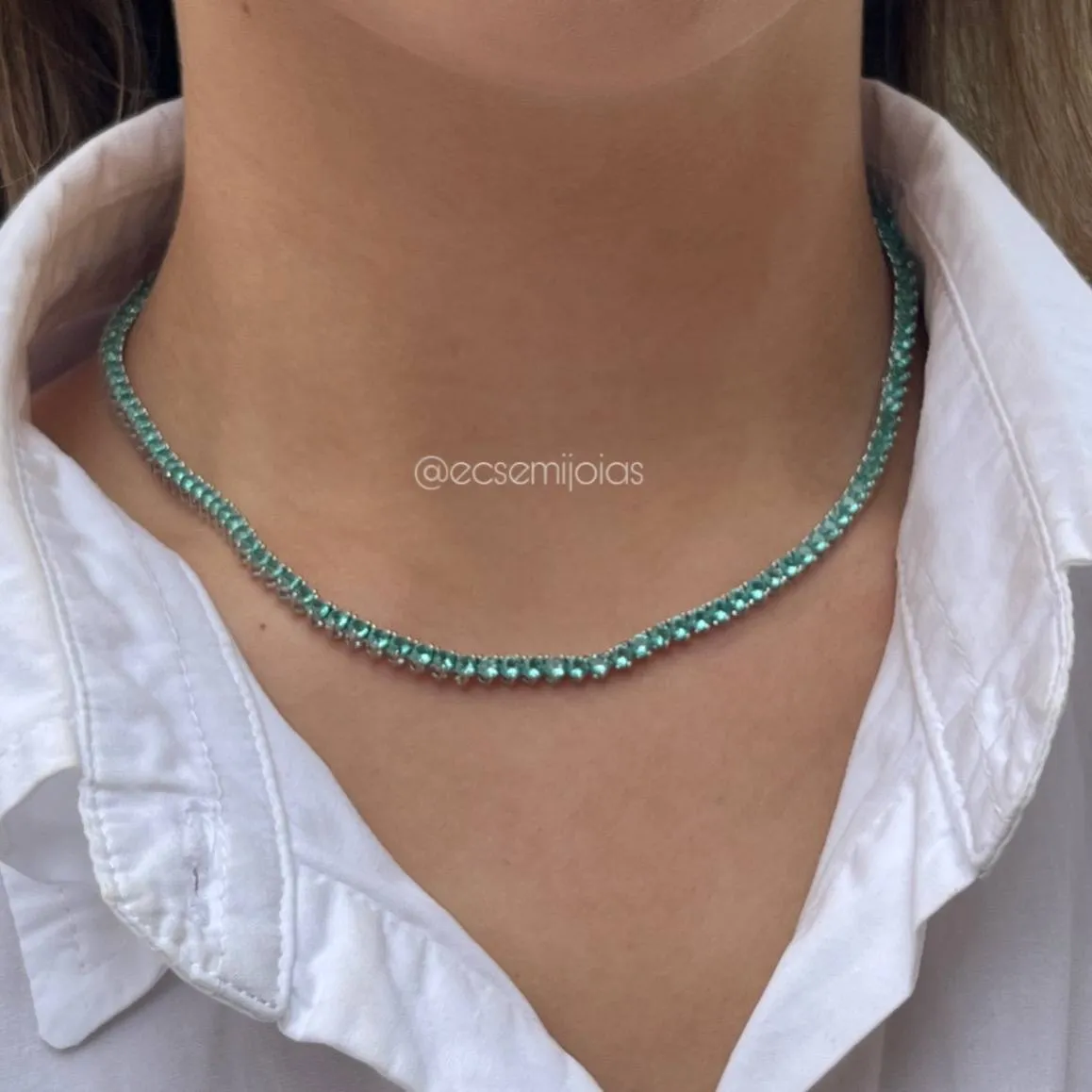 Colar choker de riviera coração - 40 cm - banhado a ródio branco