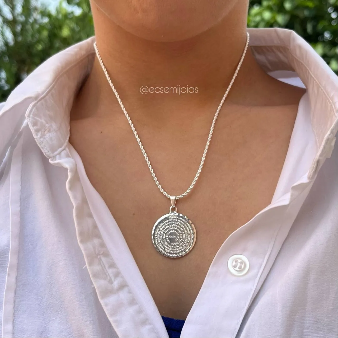 Colar cordão baiano de 1,5 mm com medalha oração pai nosso - 45 cm - banhado a prata 925