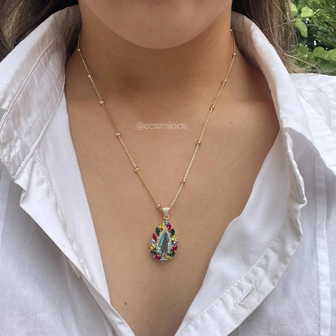 Colar de bolinha gota cravejada - 45 cm - banhado a ouro 18k