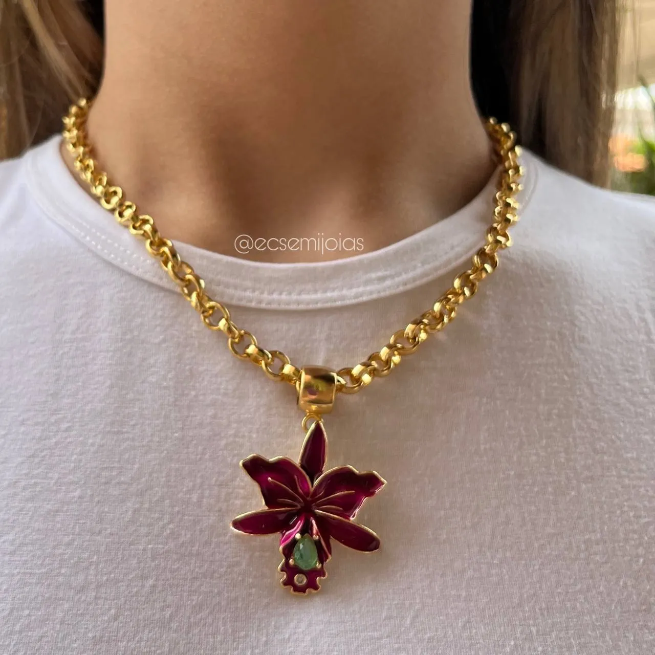 Conjunto de brinco e colar  orquídea esmaltada - 45 cm
