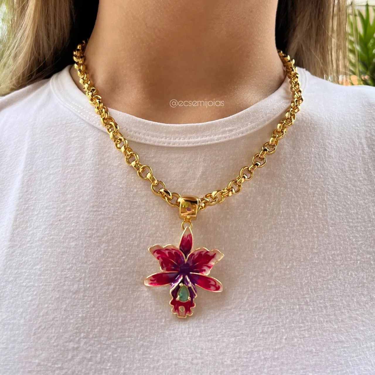 Conjunto de brinco e colar  orquídea esmaltada - 45 cm