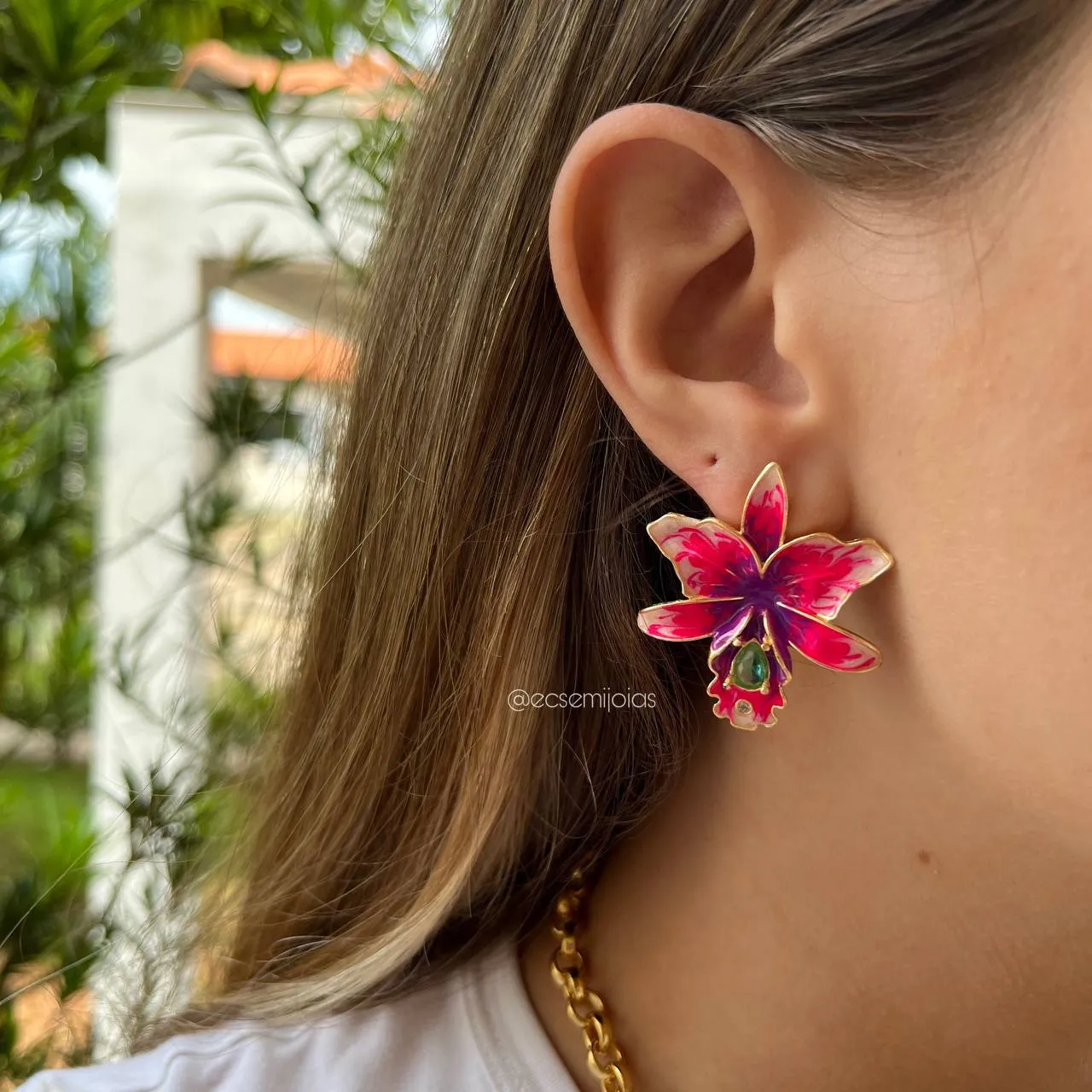 Conjunto de brinco e colar  orquídea esmaltada - 45 cm