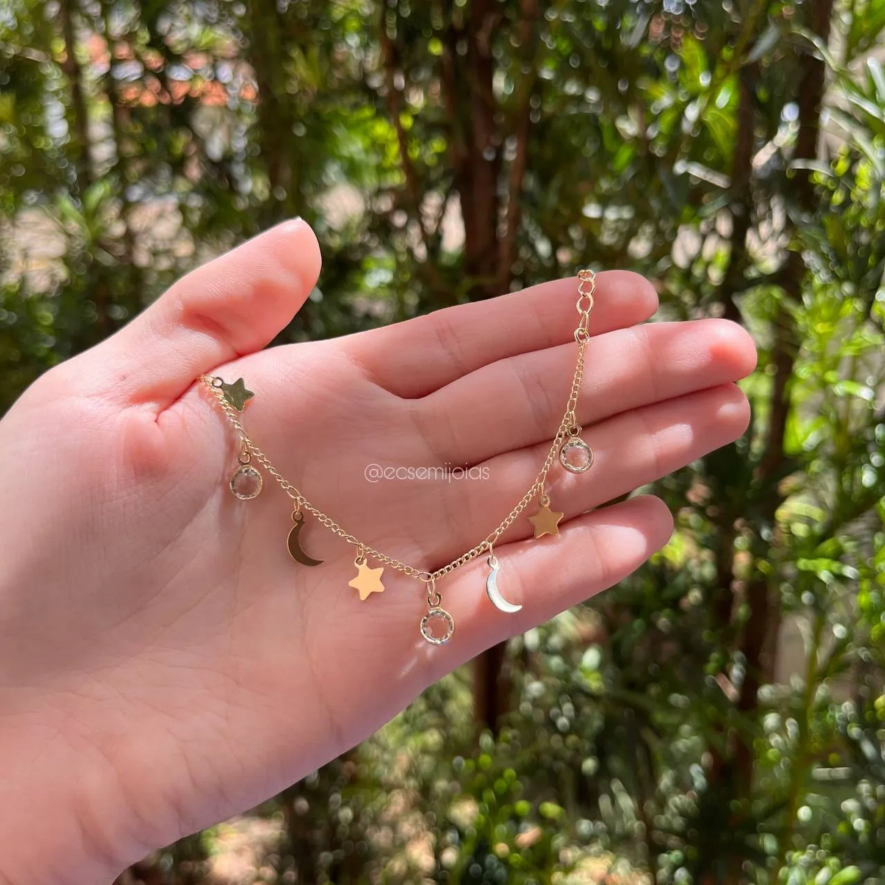 Pulseira lua estrela e ponto de luz - 15 cm + 5 cm de extensor - banhado a ouro 18k