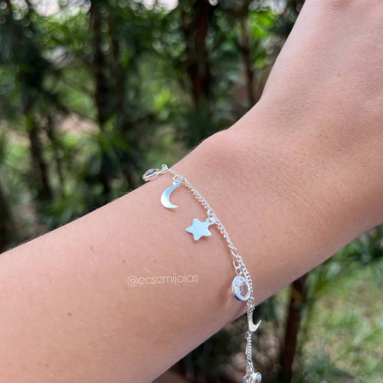 Pulseira lua estrela e ponto de luz - 15 cm + 5 cm de extensor - banhado a prata 925
