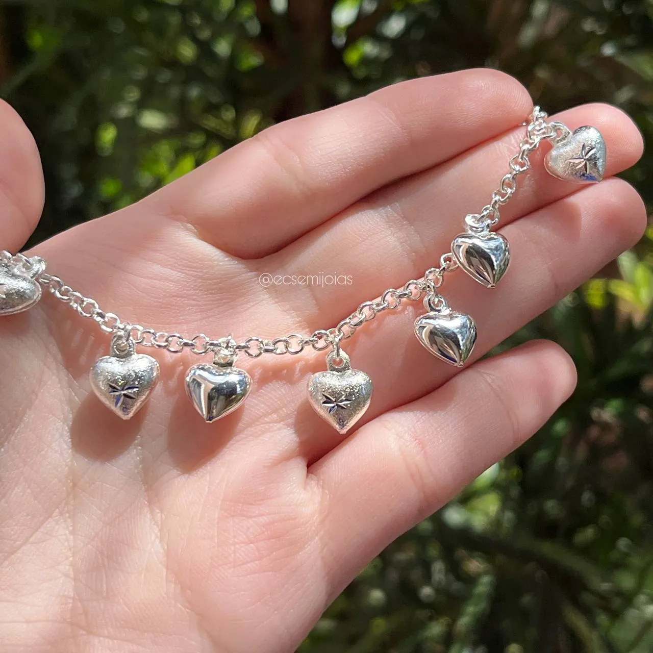Pulseira corações lisos e trabalhado - 18 cm - banhado a prata 925