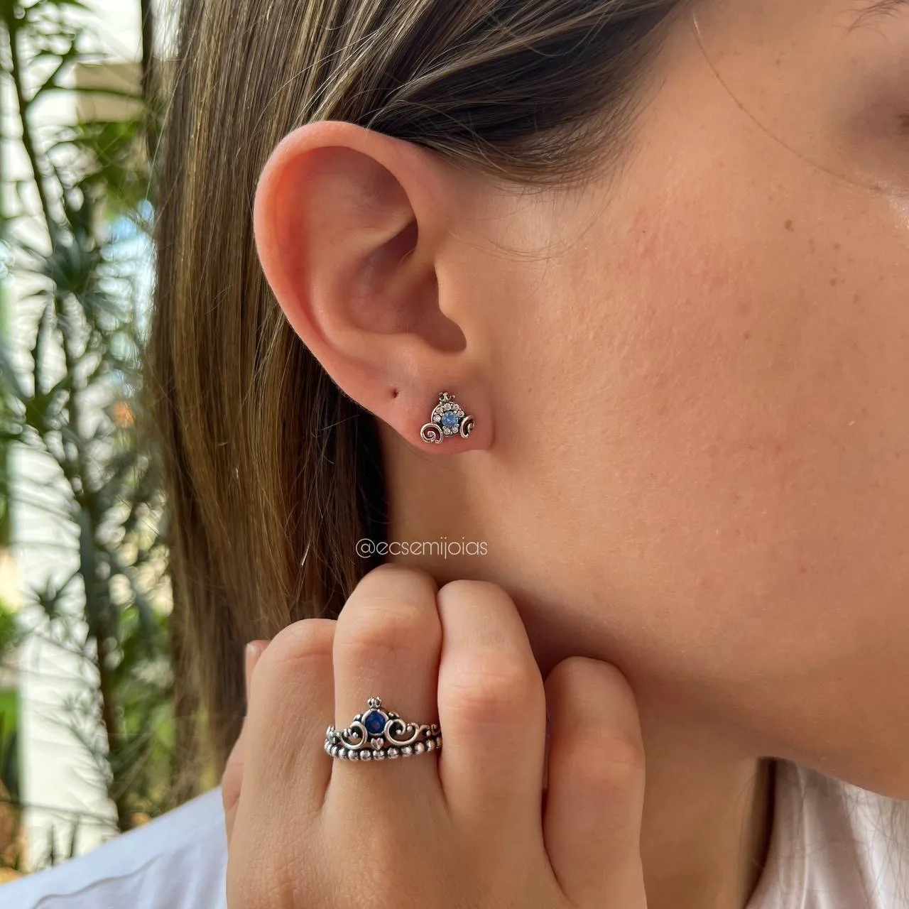 Conjunto brinco e anel princesa - banhado a ródio branco