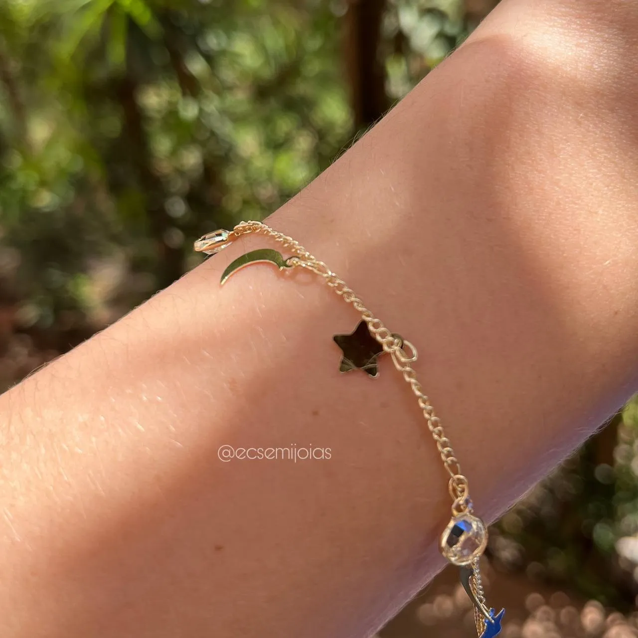 Pulseira lua estrela e ponto de luz - 15 cm + 5 cm de extensor - banhado a ouro 18k