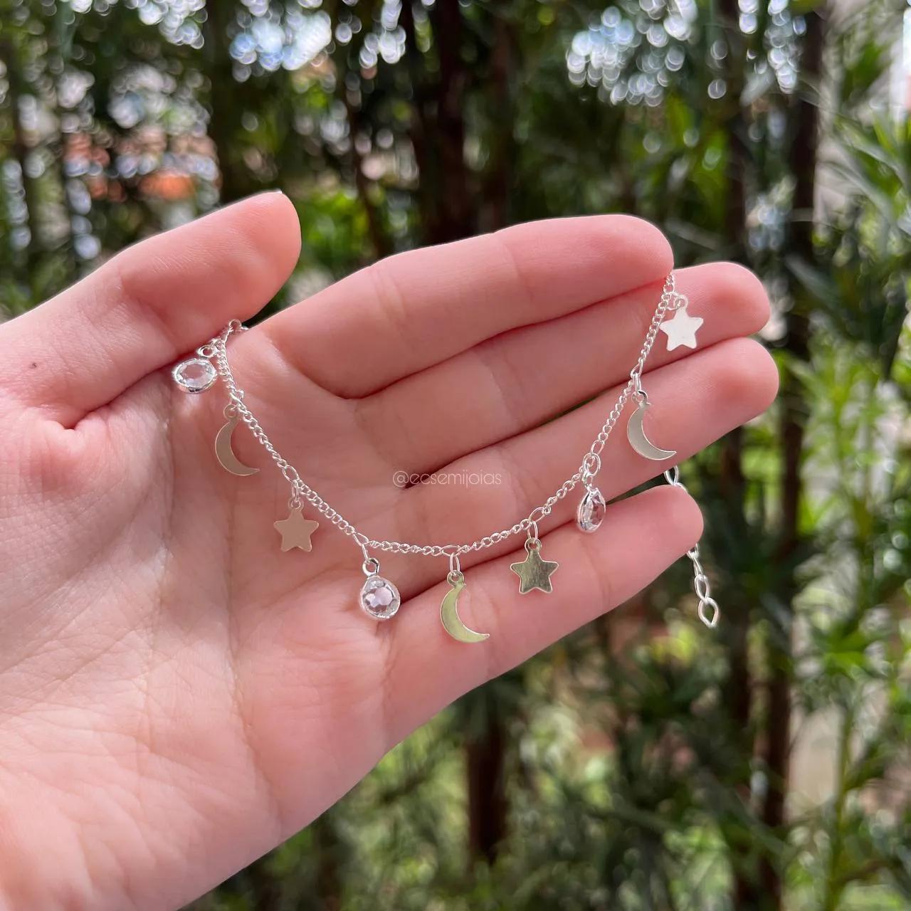 Pulseira lua estrela e ponto de luz - 15 cm + 5 cm de extensor - banhado a prata 925
