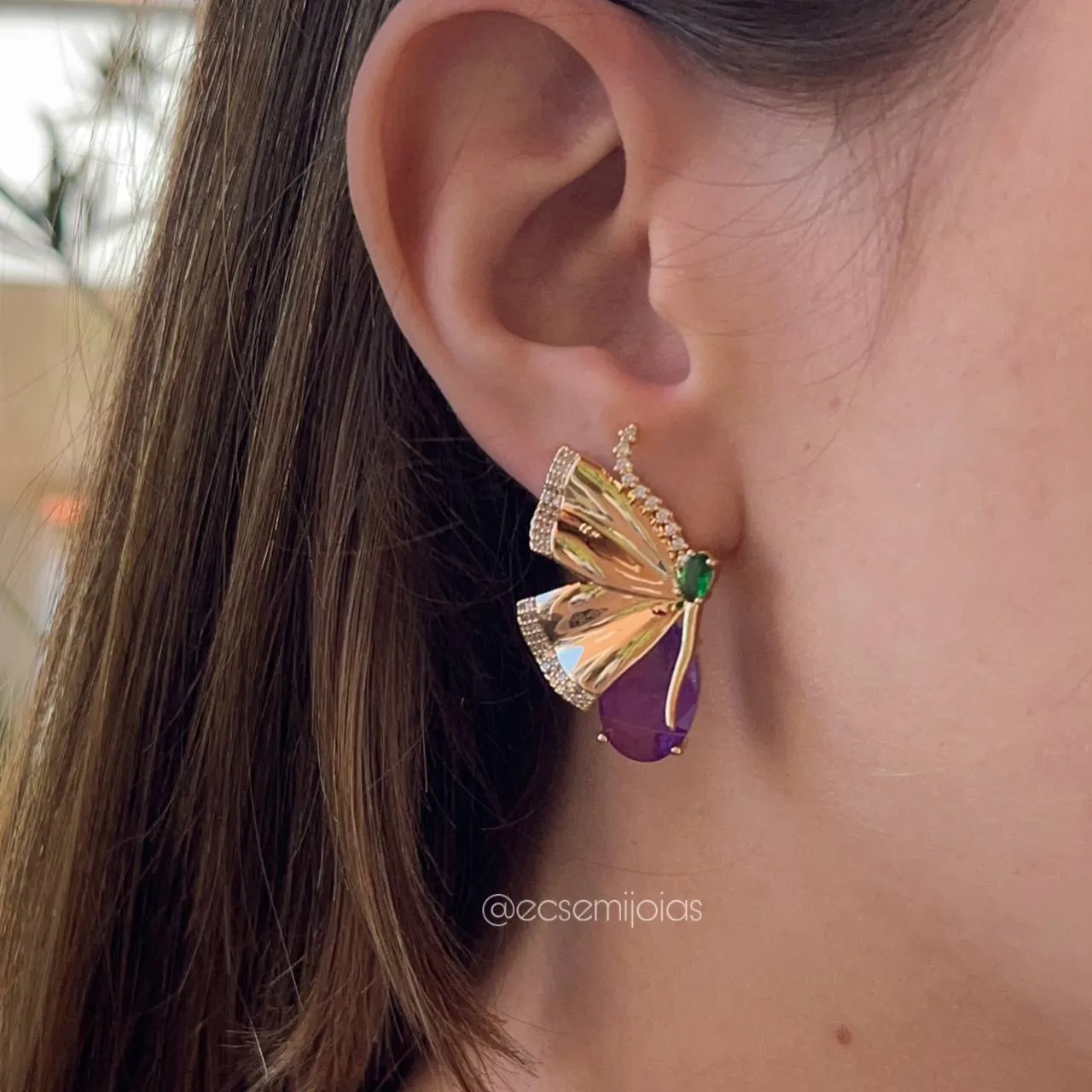 Conjunto brinco e anel borboleta pedras ovais - banhado a ouro 18k