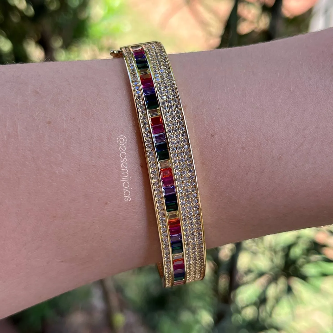 Bracelete pedras baguete colorida  - banhado a ouro 18k