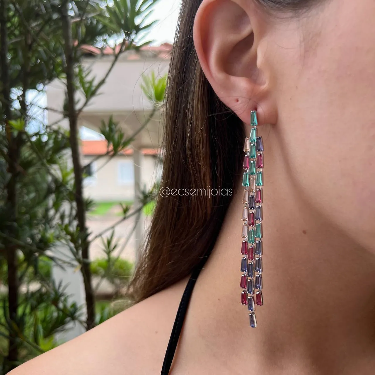 Brinco franja com zircônias navete - banhado a ródio branco