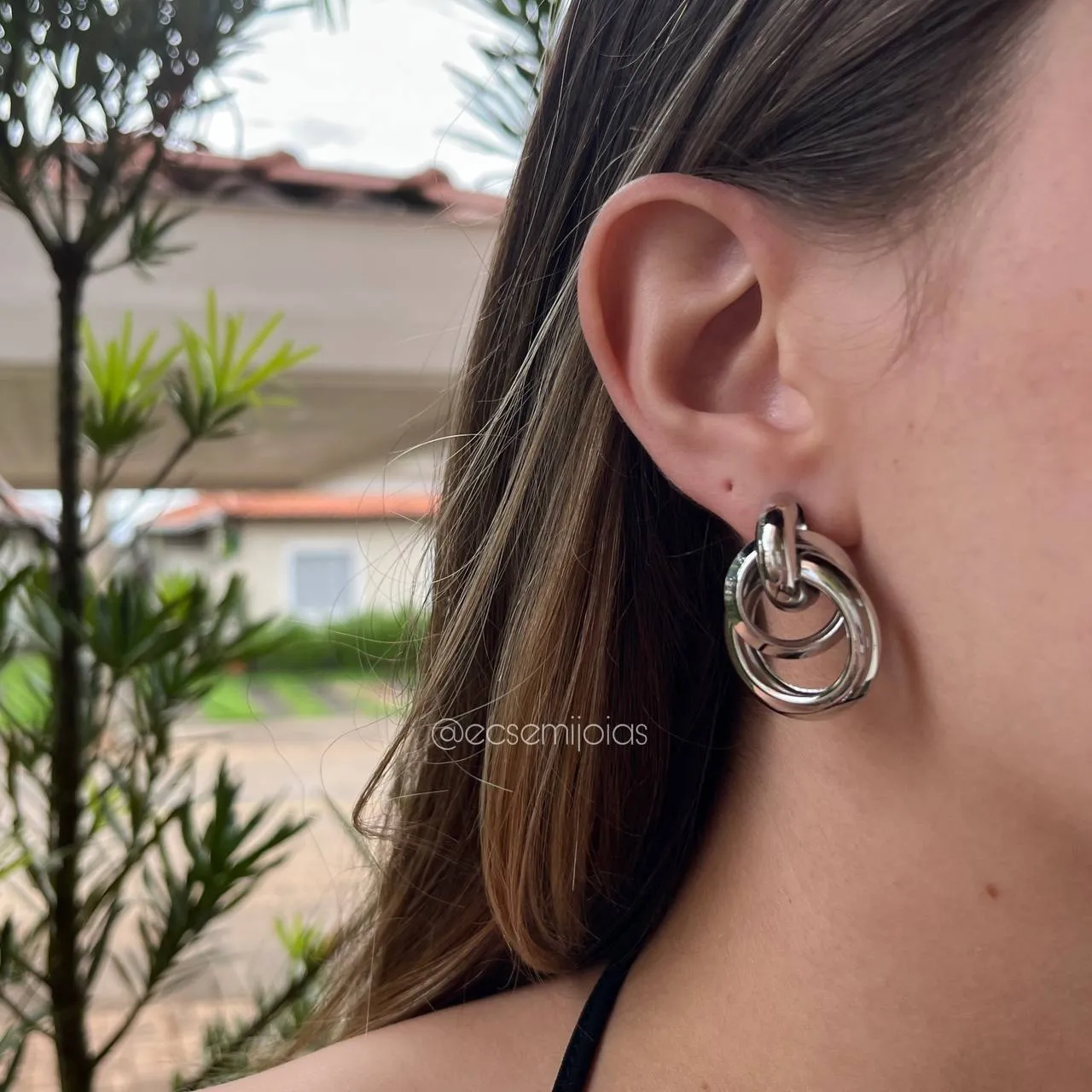 Brinco três argolas -  banhado a ródio branco