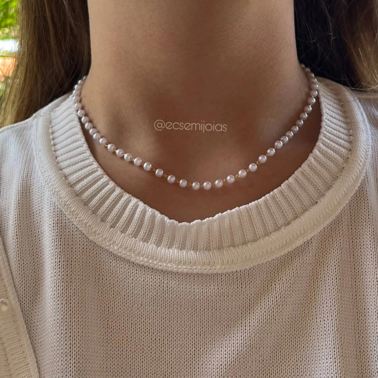 Colar de pérola - 40 cm + 5 cm de extensor - banhado a ouro 18k