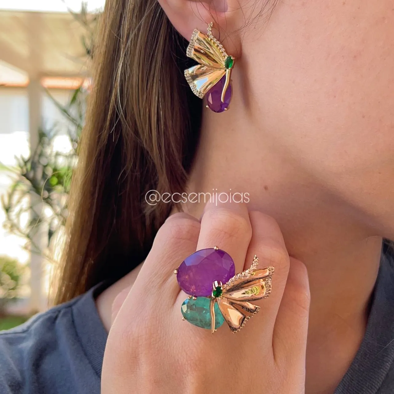 Conjunto brinco e anel borboleta pedras ovais - banhado a ouro 18k