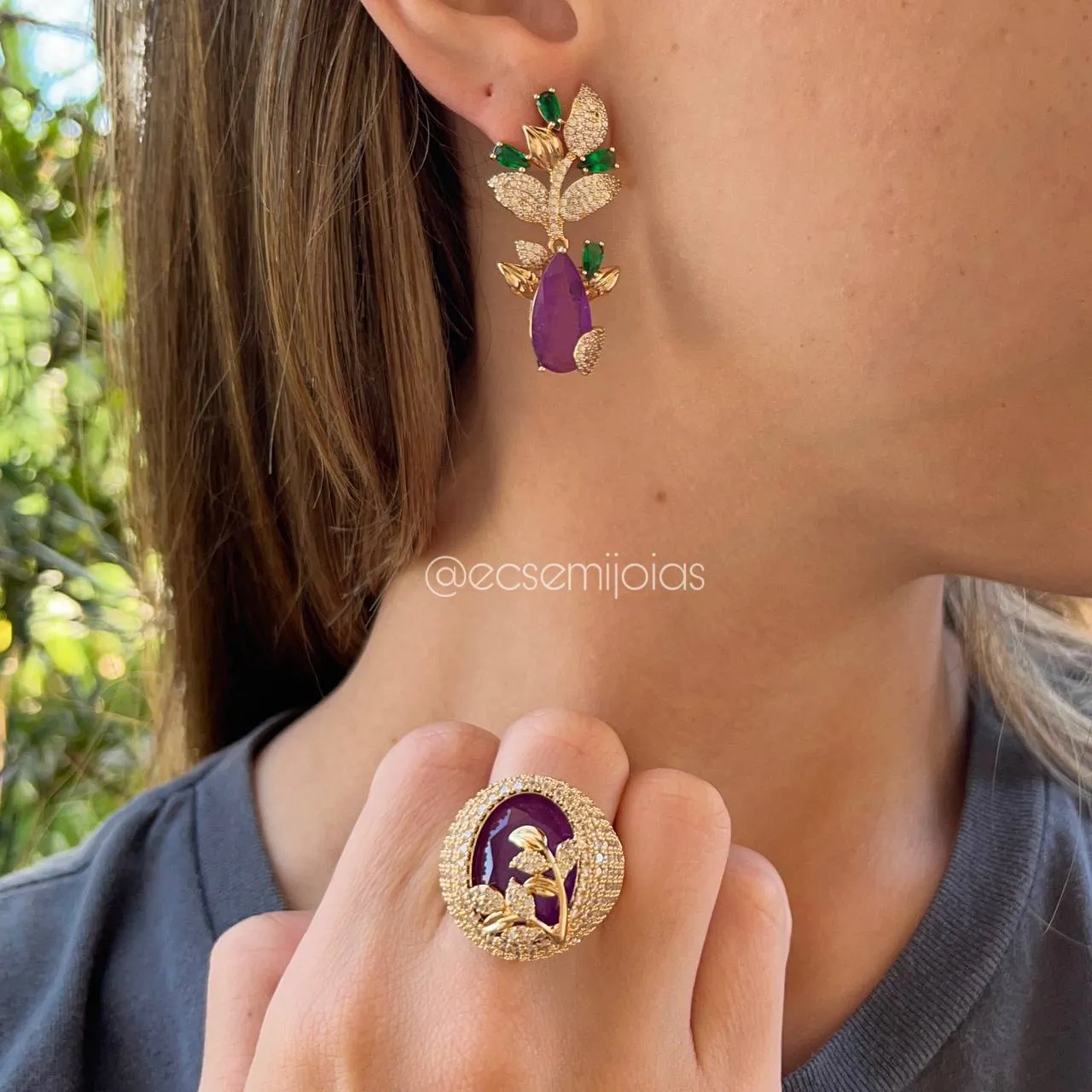 Conjunto brinco e anel jardim cravejado  - banhado a ouro 18k