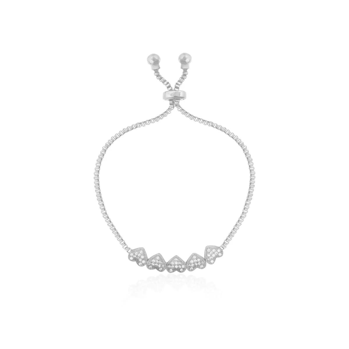Pulseira shambala 5 corações cravejados - banhado a ródio branco