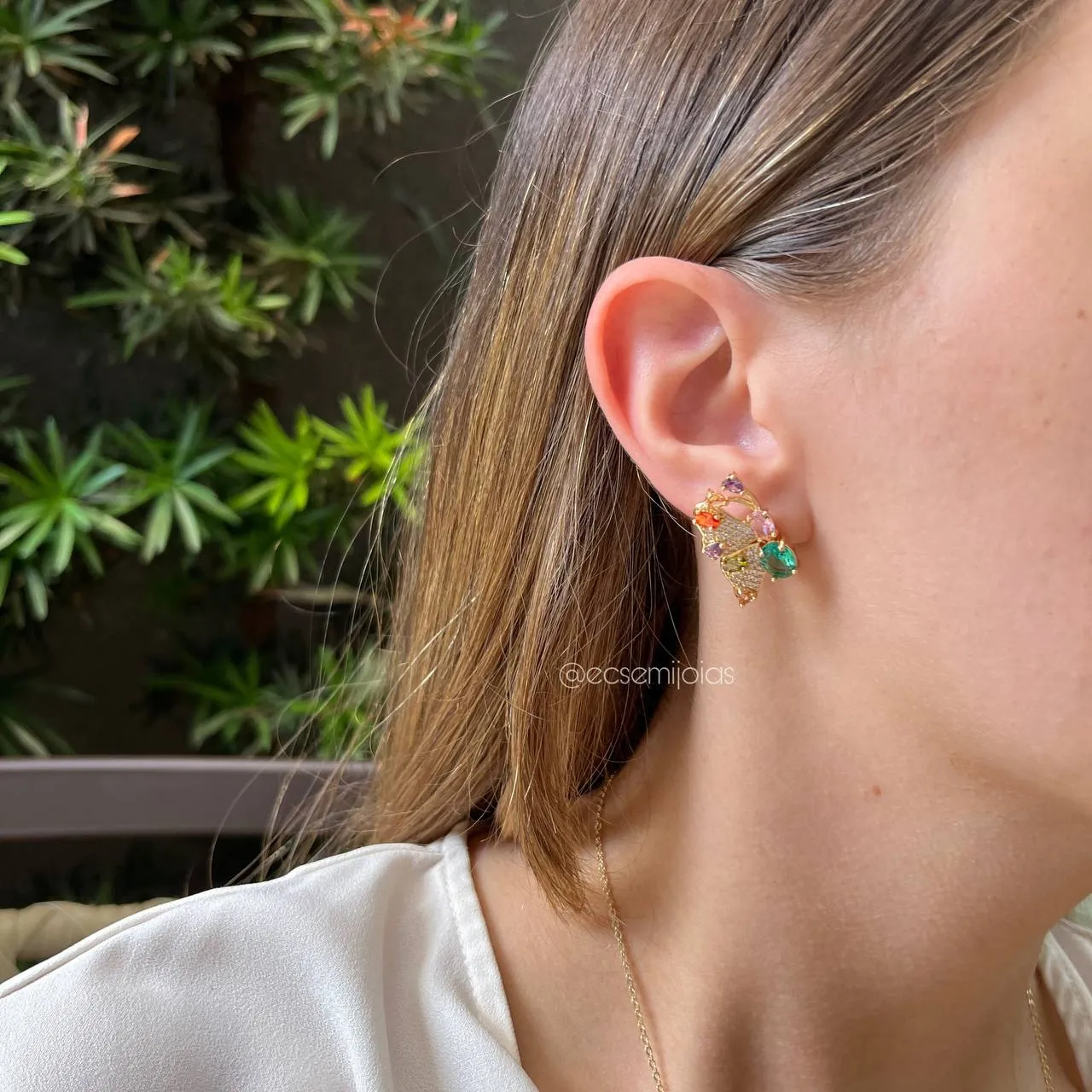 Conjunto de brinco e colar de borboleta cravejado - 60 cm - banhado a ouro 18k