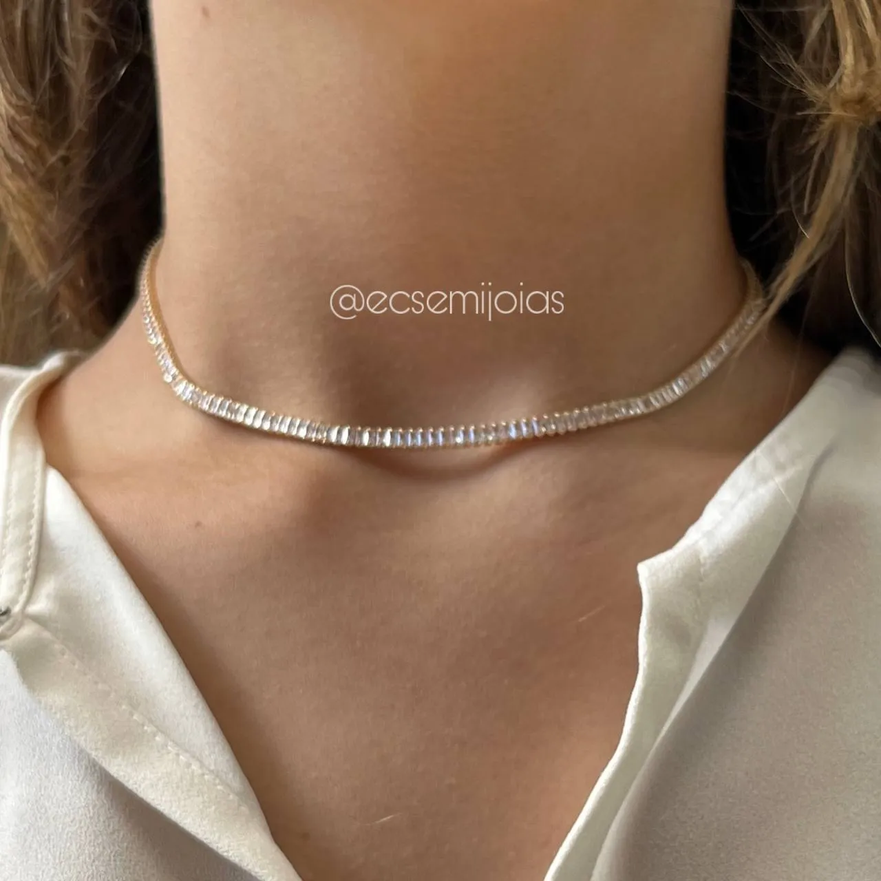 Colar choker zircônia baguete - 40 cm - banhado a ouro 18k