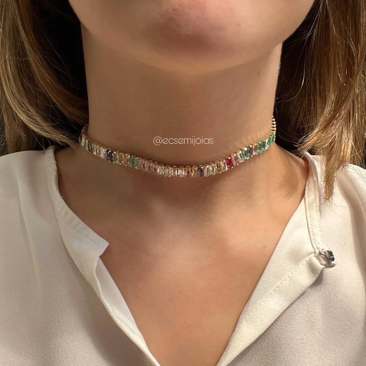 Colar choker zircônia baguete - 40 cm - banhado a ouro 18k