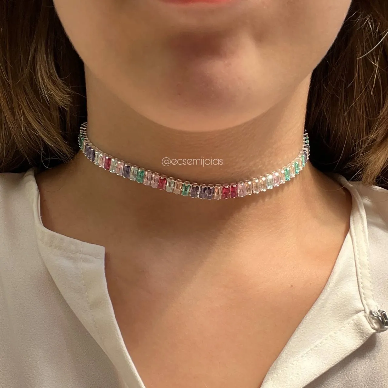 Colar choker zircônia baguete - 40 cm - banhado a prata 925