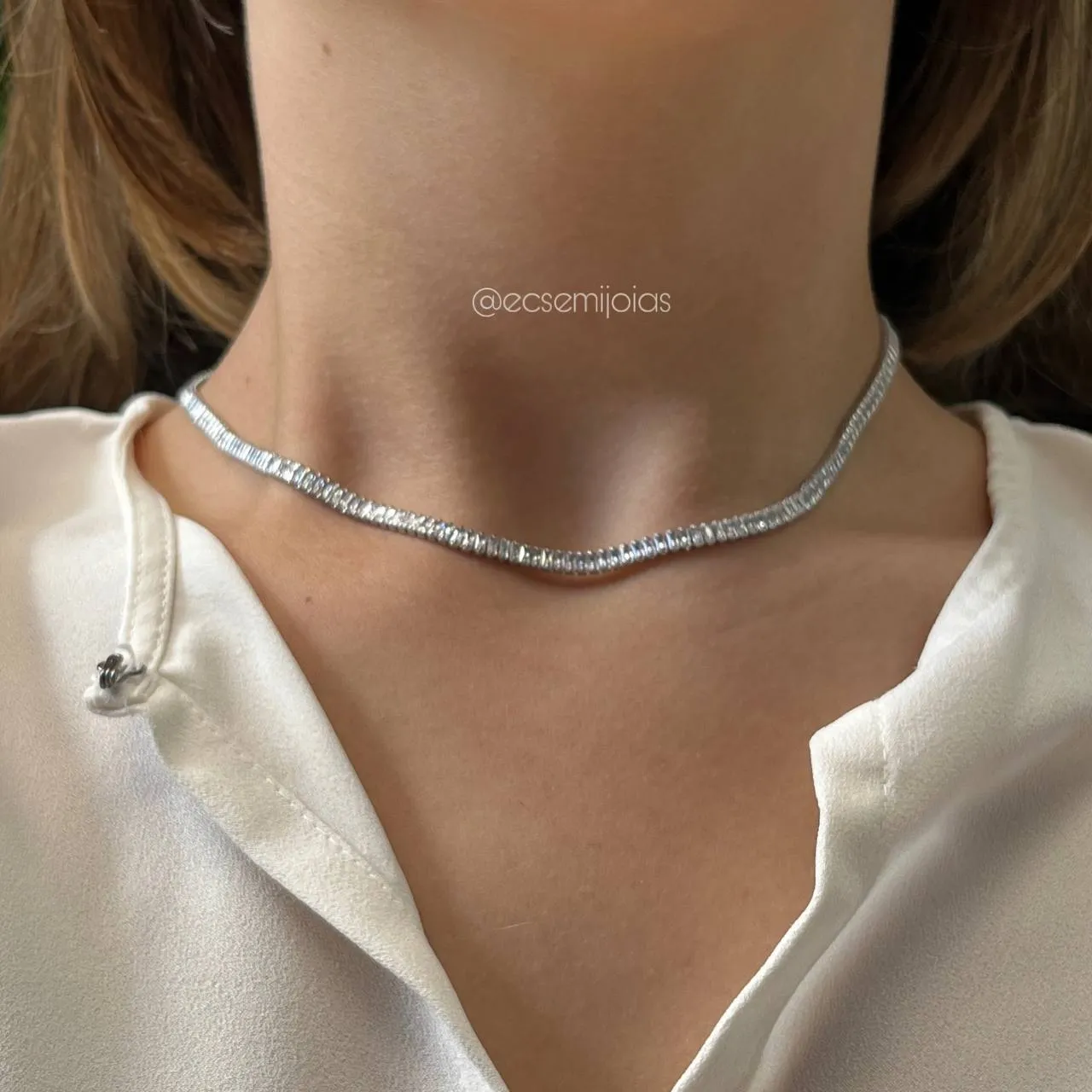 Colar choker zircônia baguete - 40 cm - banhado a ródio branco