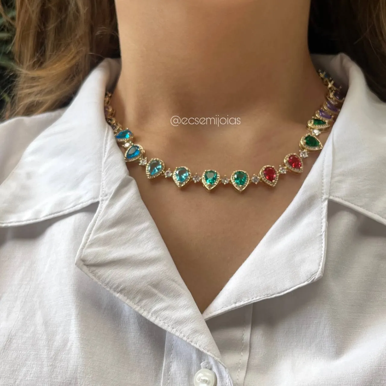 Colar gotas cravejado - 40 cm - banhado a ouro 18k