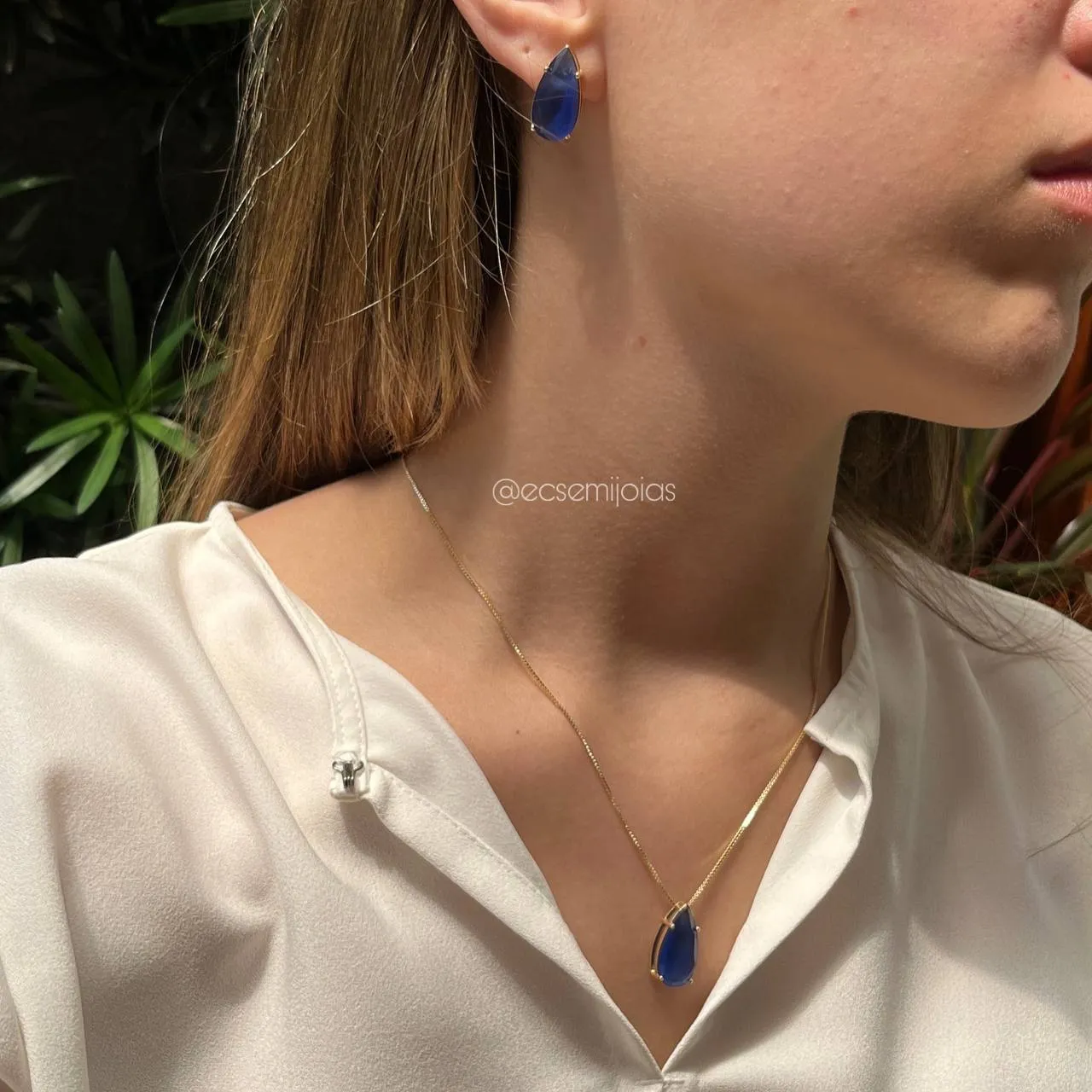 Conjunto de brinco e colar gota - 45 cm - banhado a ouro 18k