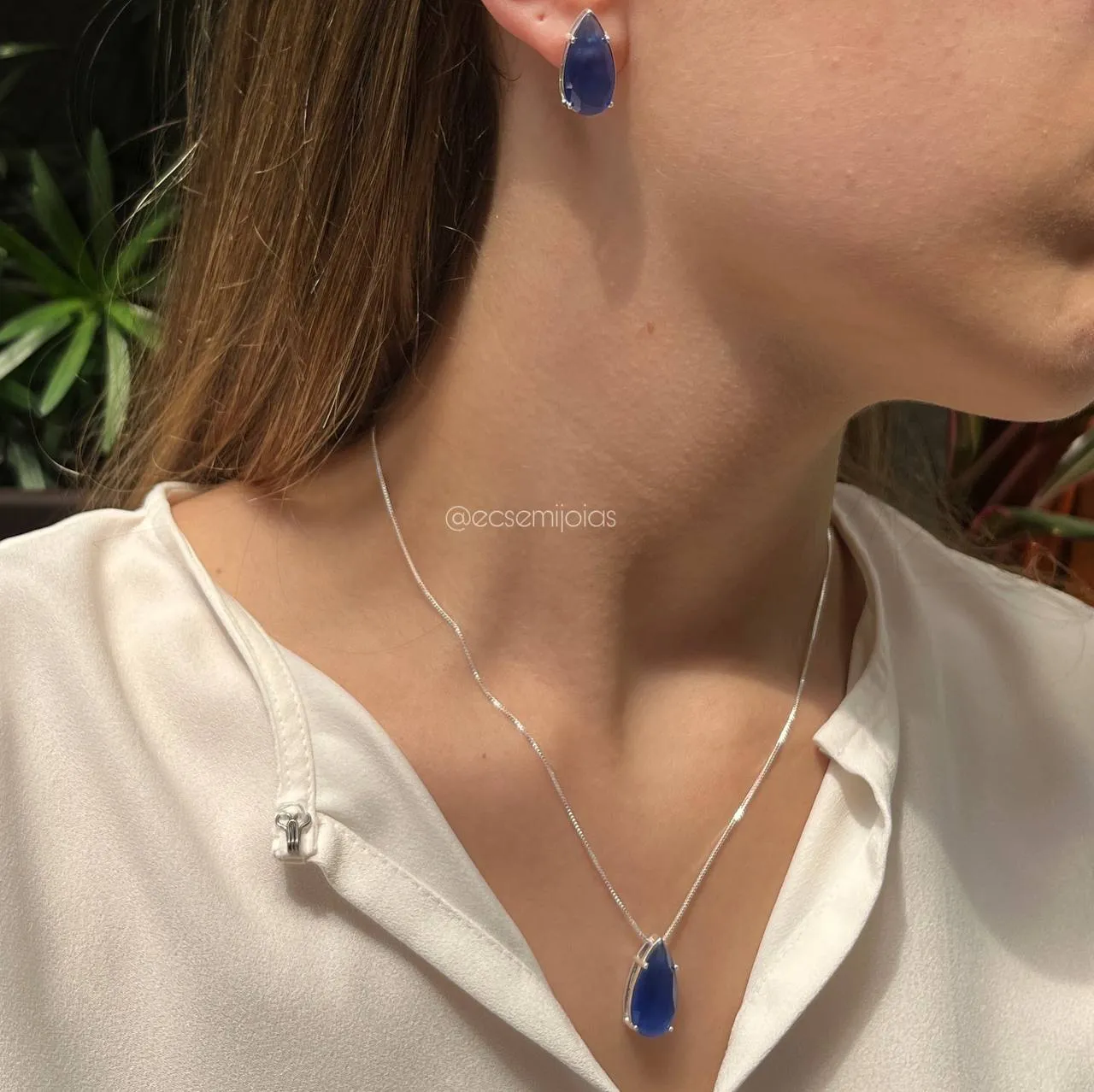 Conjunto de brinco e colar gota - 45 cm - banhado a prata 925