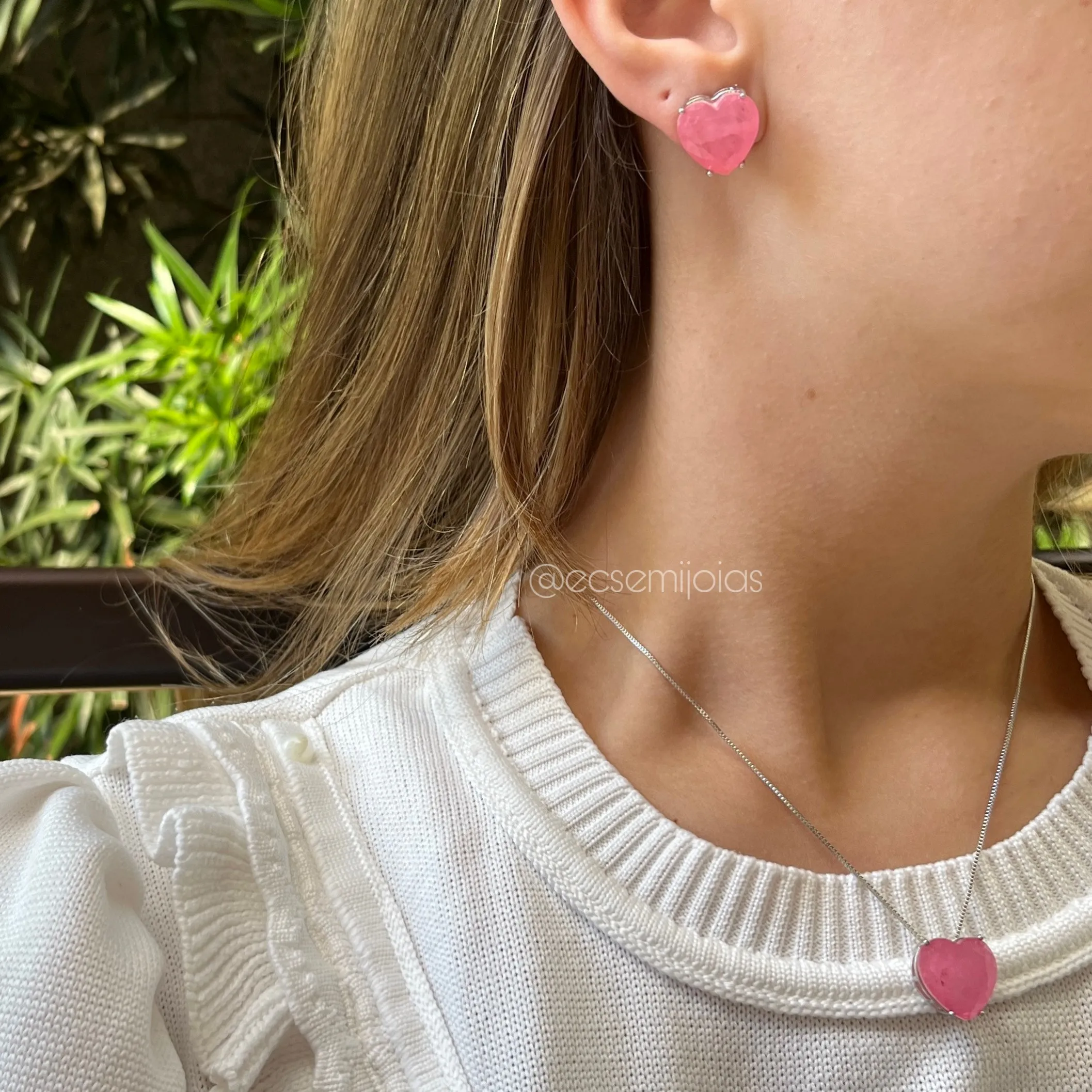 Conjunto de brinco e colar coração de pedra natural fusion - 15mm x 15mm - banhado a ródio branco