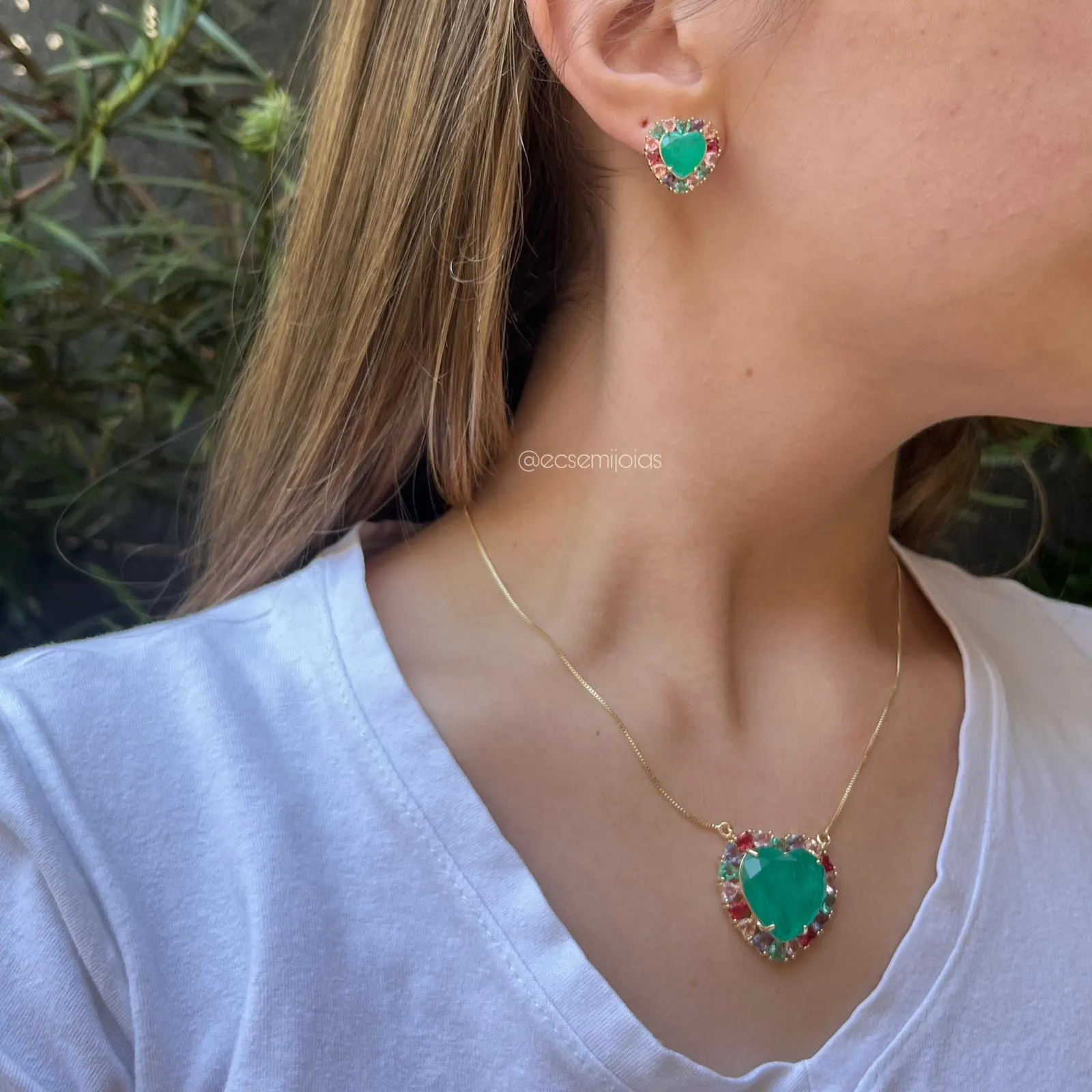 Conjunto de brinco e colar de coração - 45 cm - banhado a ouro 18k