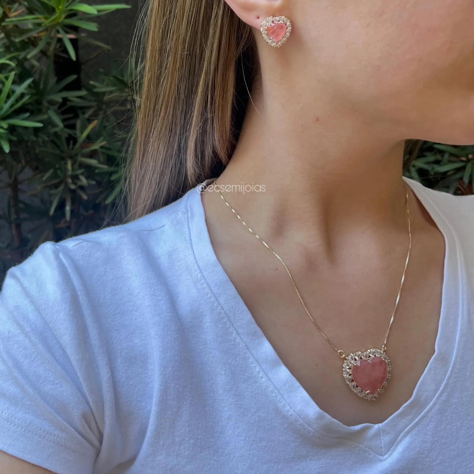 Conjunto de brinco e colar de coração - 45 cm - banhado a ouro 18k