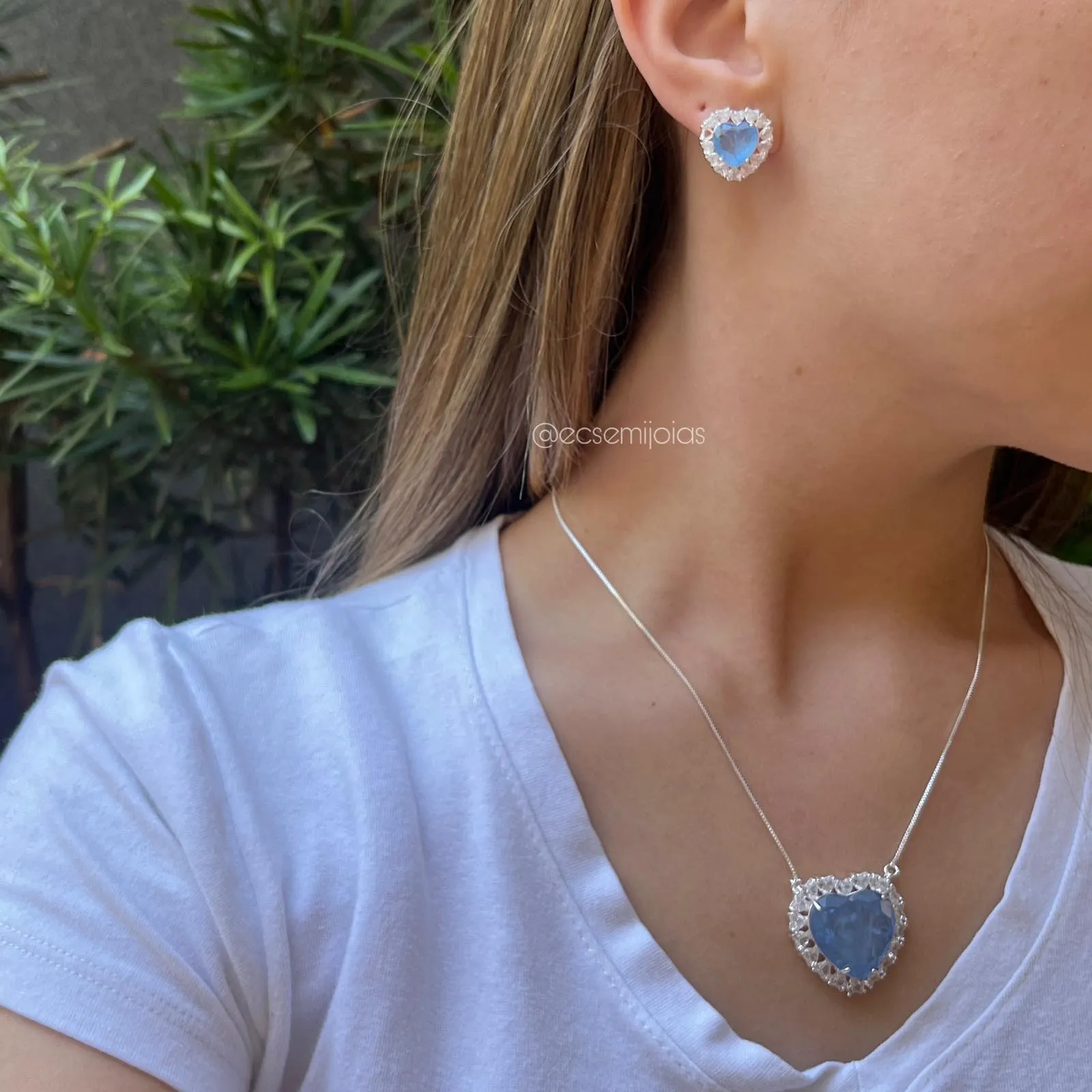 Conjunto de brinco e colar de coração - 45 cm - banhado a prata 925