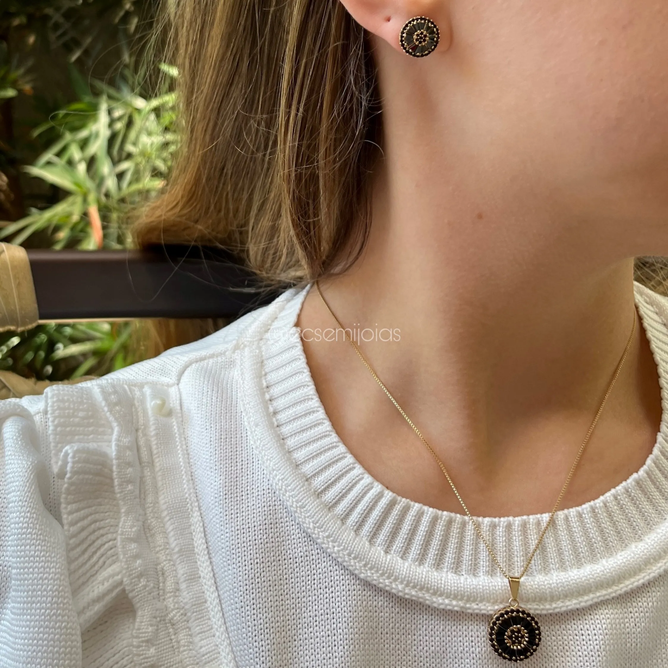 Conjunto de brinco e colar de pizza - pi 16mm diâm. / br 12mm diâm. - banhado a ouro 18k