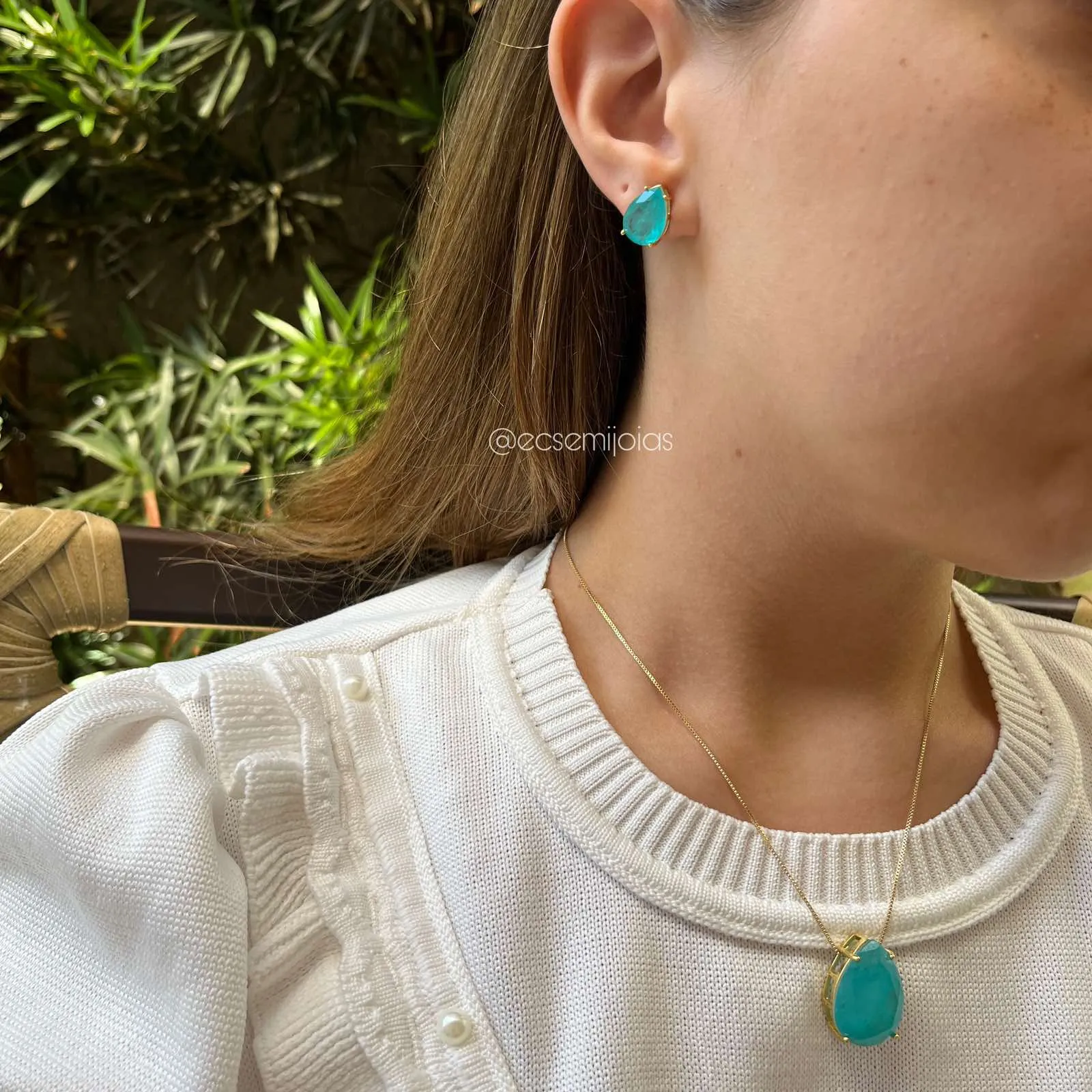 Conjunto de brinco e colar gota - 45 cm - banhado a ouro 18k
