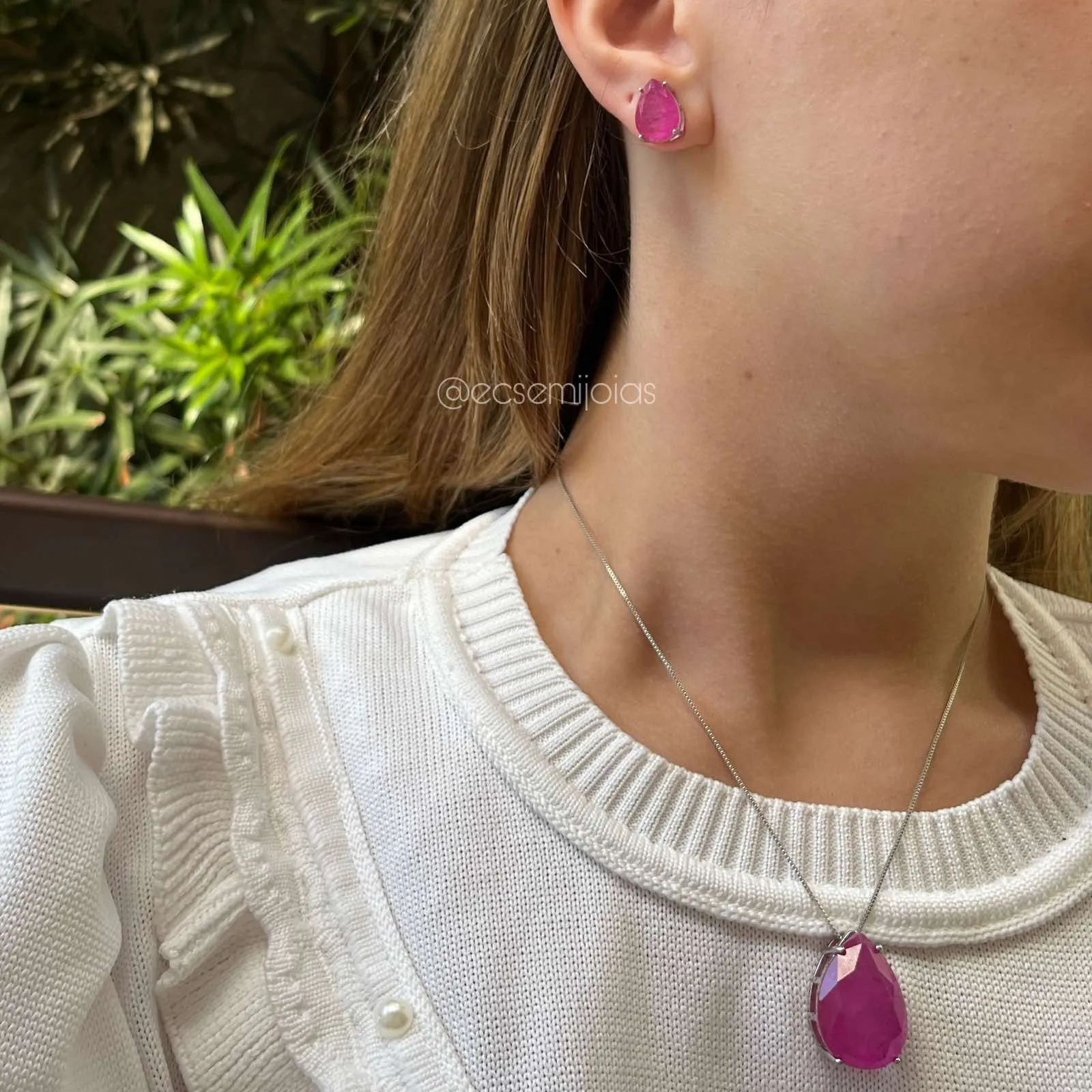 Conjunto de brinco e colar gota - 45 cm - banhado a ródio branco