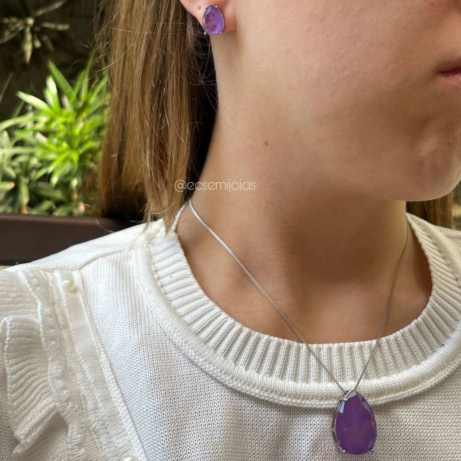 Conjunto de brinco e colar gota - 45 cm - banhado a ródio branco