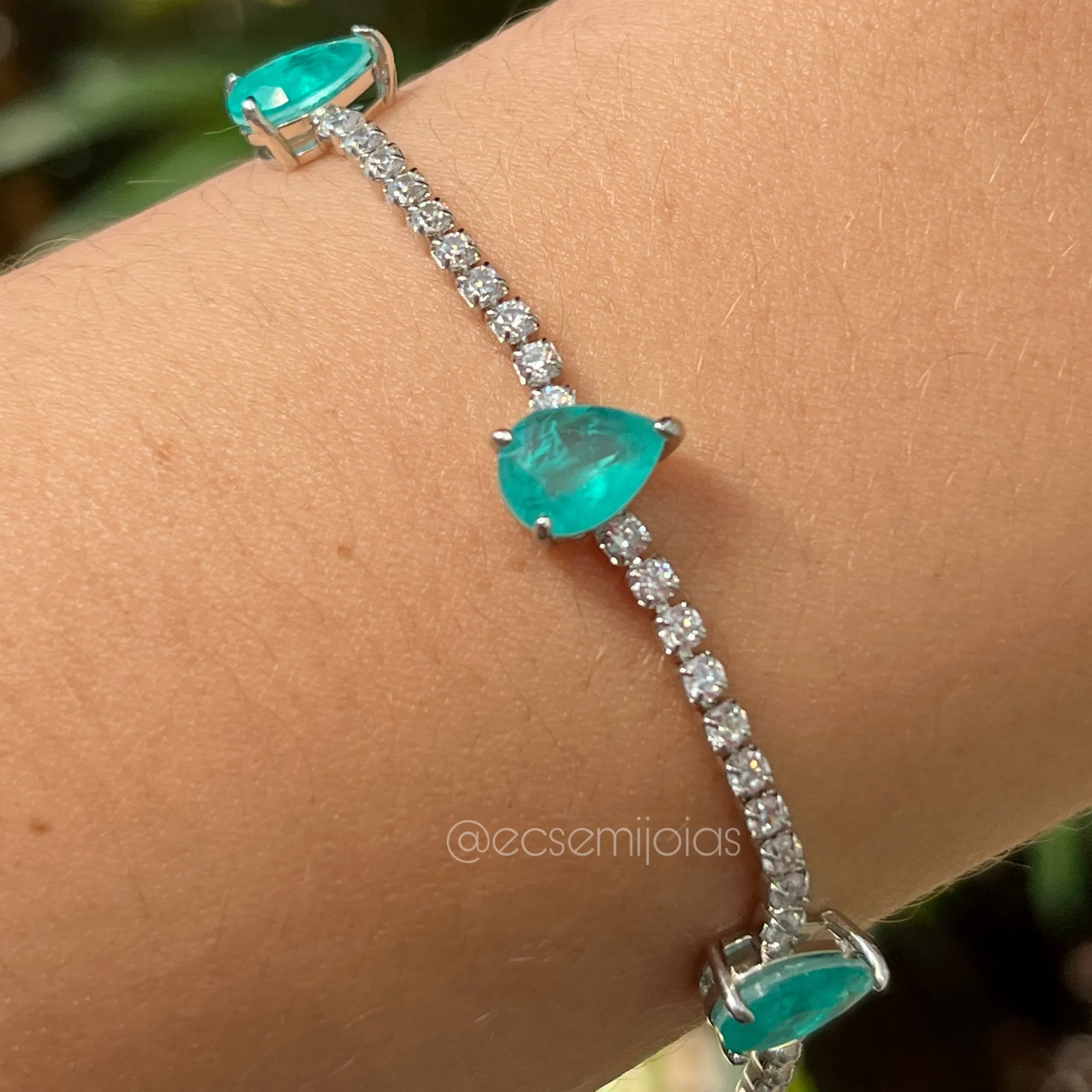 Pulseira toda de zircônias com 3 gotas turmalina fusion - 17 cm + 5cm extensor - banhado a ródio branco