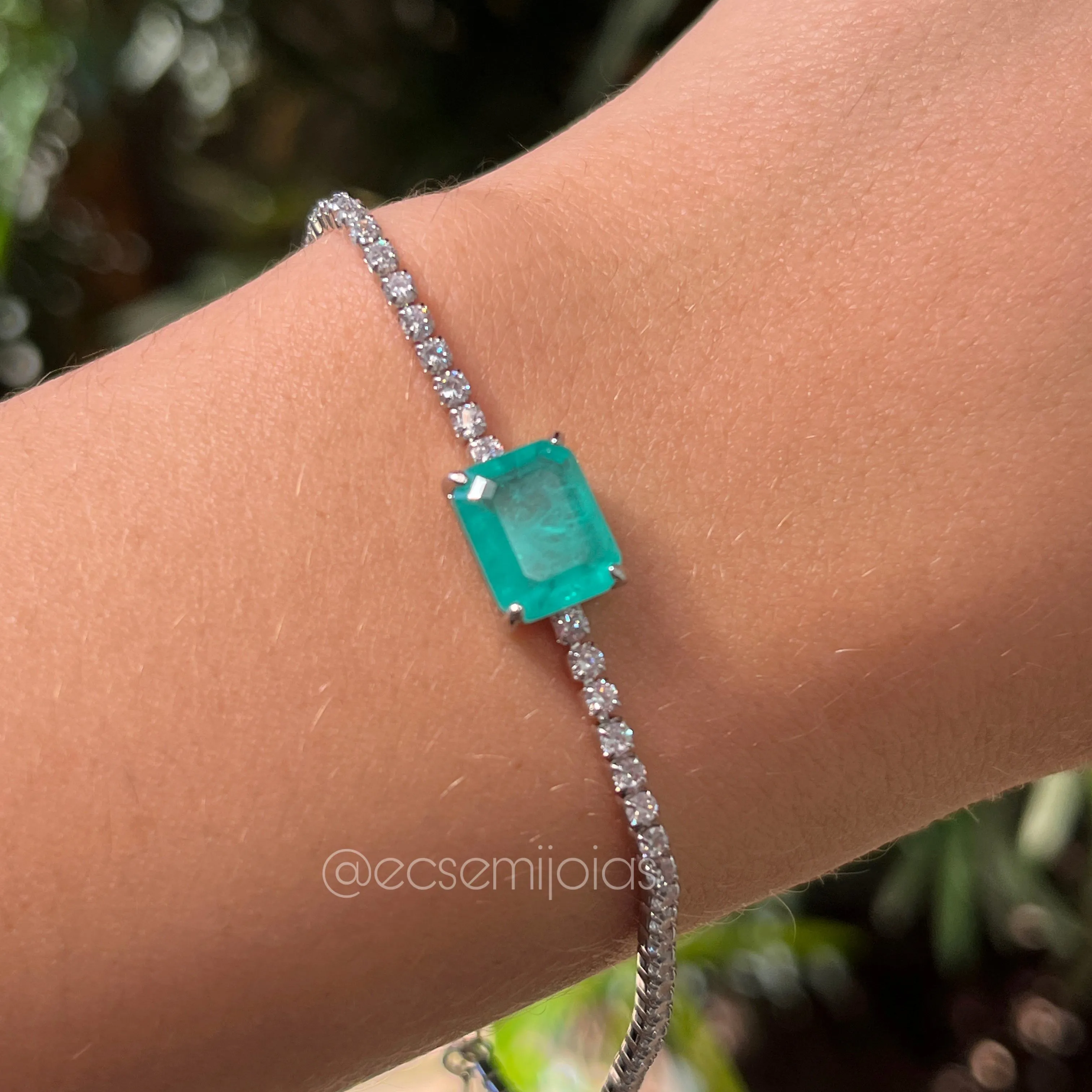 Pulseira toda de zircônias com uma pedra retangular turmalina fusion - 17 cm + 5cm extensor - banhado a ródio branco