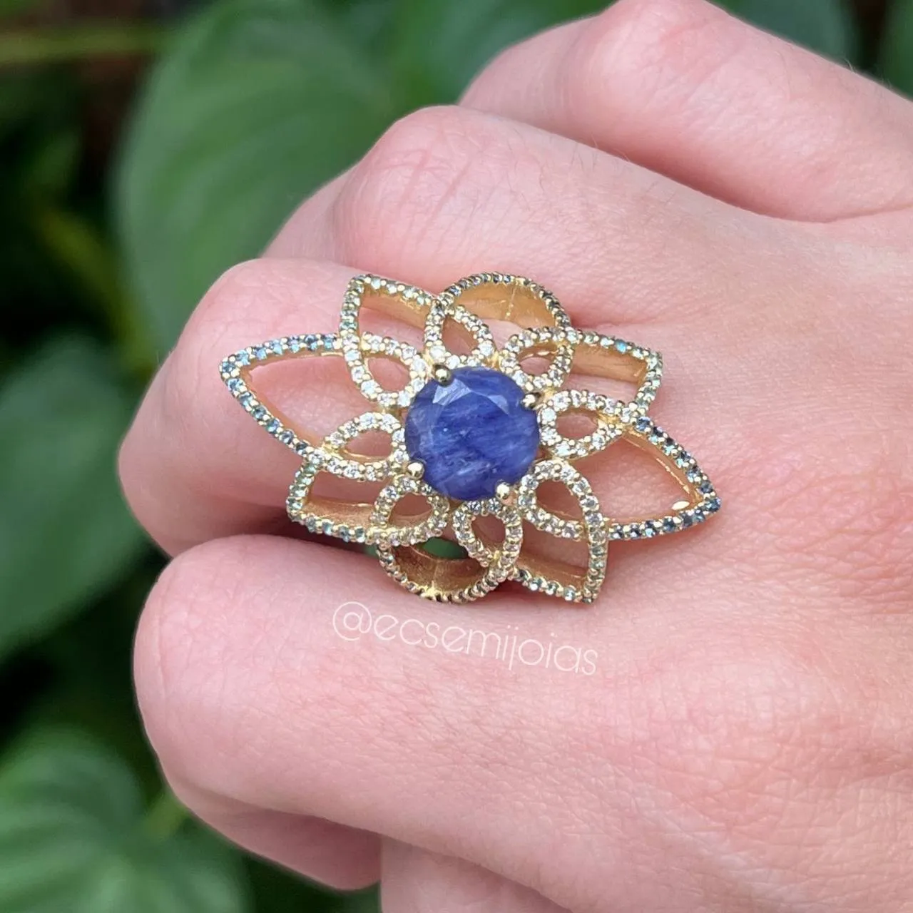 Conjunto anel e brinco grande duas flores cravejadas com pedra no centro - PRATA925