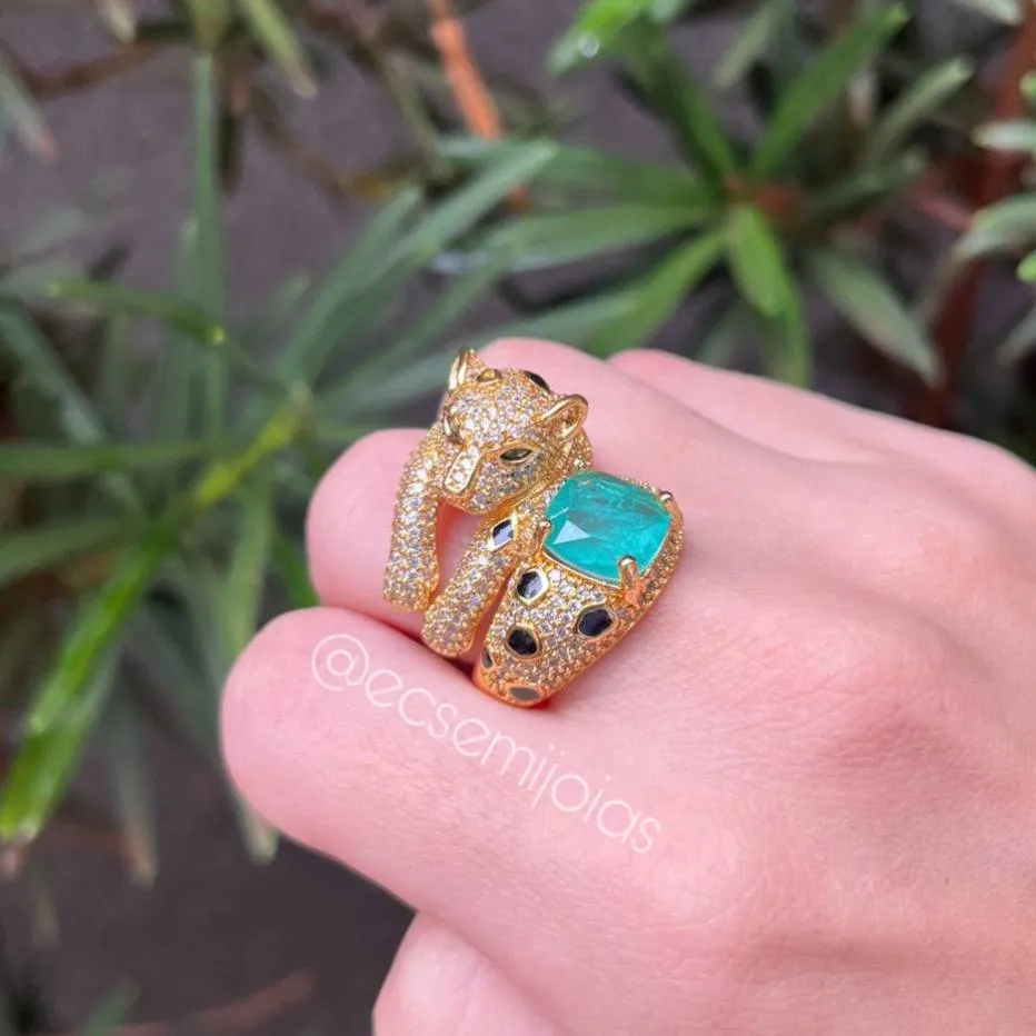 Conjunto brinco e anel pantera cravejada com pedra quadrada turmalina fusion - banhado a ouro 18k